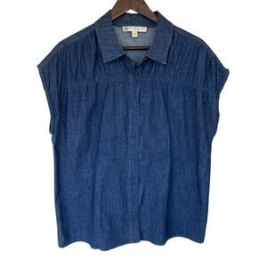 Anne Klein Navy Lightweight Denim Cap Sleeve Button Up Top - Large